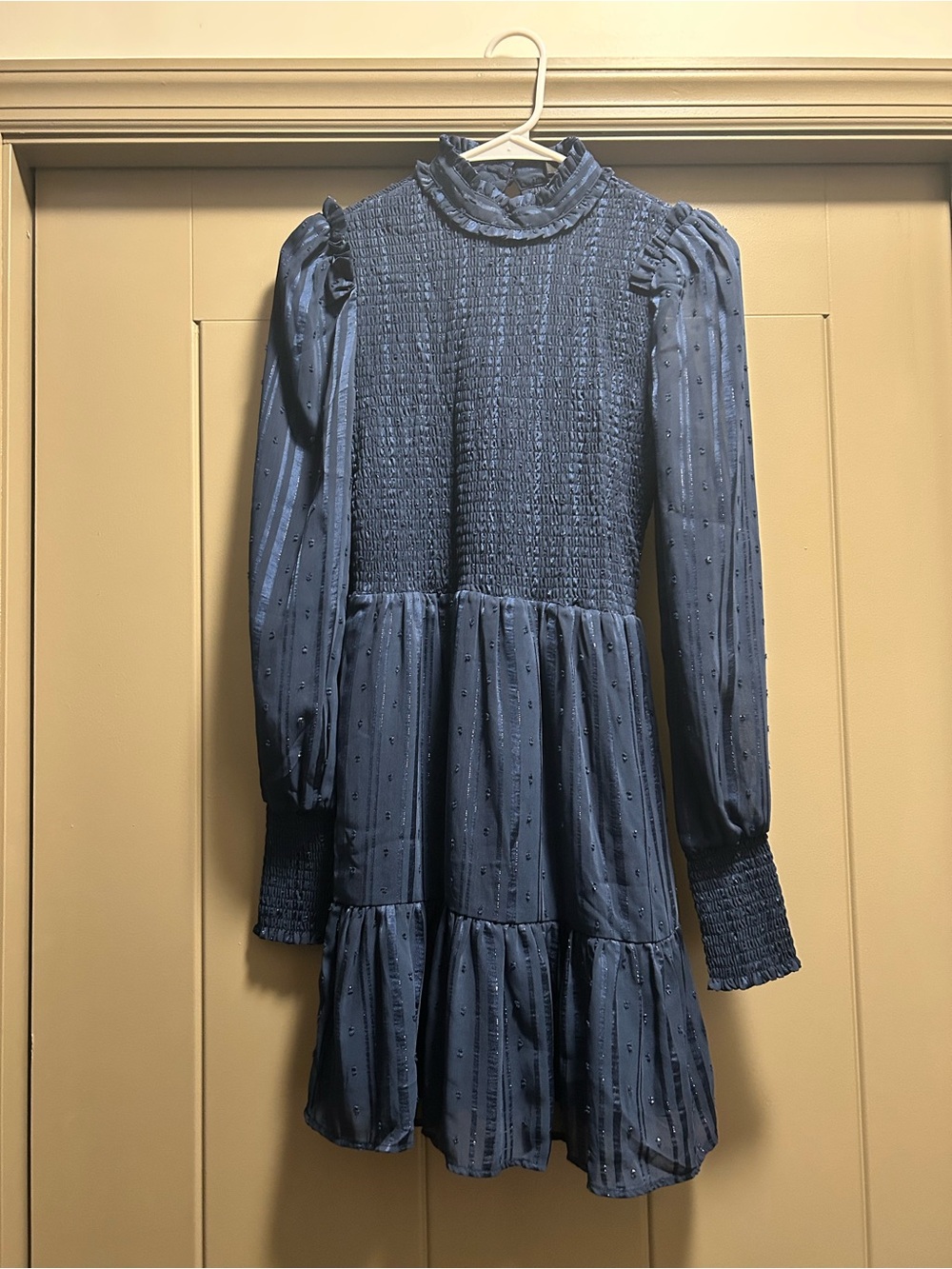 Lulus Navy Striped Smocked Long Sleeve Mini Dress XS